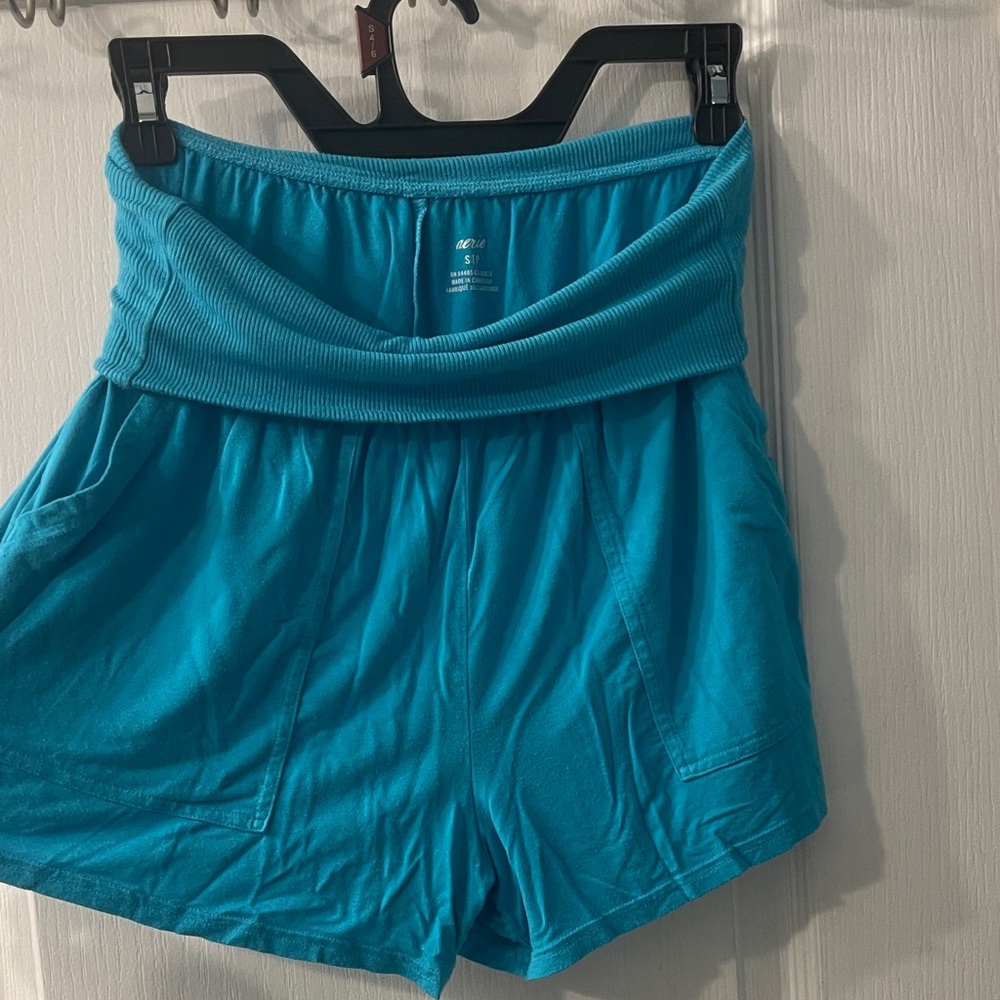 Aerie Fold-Over Waist Athletic Shorts in Teal - Women's Activewear